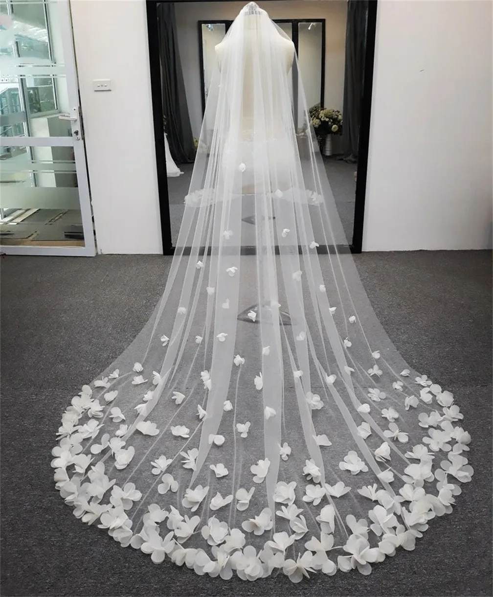 White Ivory Bridal Veil Long Cathedral Wedding Veil 3D Flowers Floral Lace Petals Bride Wedding Accessories bridal veil