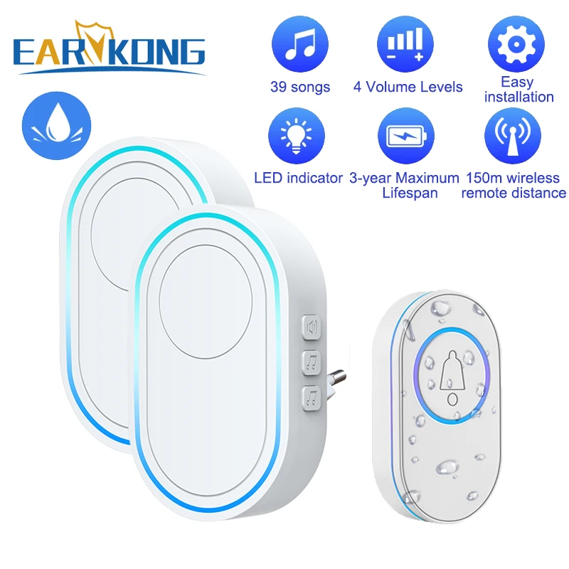 Waterdichte Draadloze Deurbel Thuis Welkom Smart Home Deur Bel 300M Afstandsbediening Smart Bell Chime Eu Uk Us Plug Optioneel