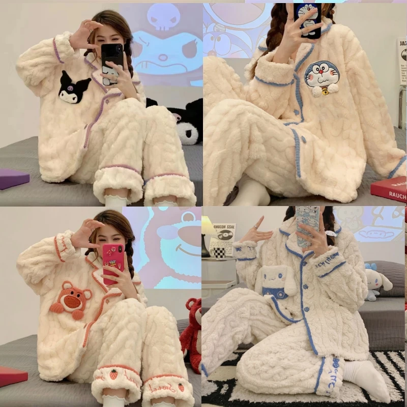 

New Sanrio Hello Kitty Kuromi Cute Cartoon Cotton Pajamas 2 Pcs Sets Women's Thick Flannel Home Set Warm Soft Pjs Casual Clothes