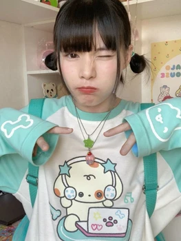 Deeptown Harajuku Kawaii Cartoon T Shirts Women Japanese Style Oversized Patchwork Tees Cute Long Sleeve O-neck Y2K Tops E-girl 1