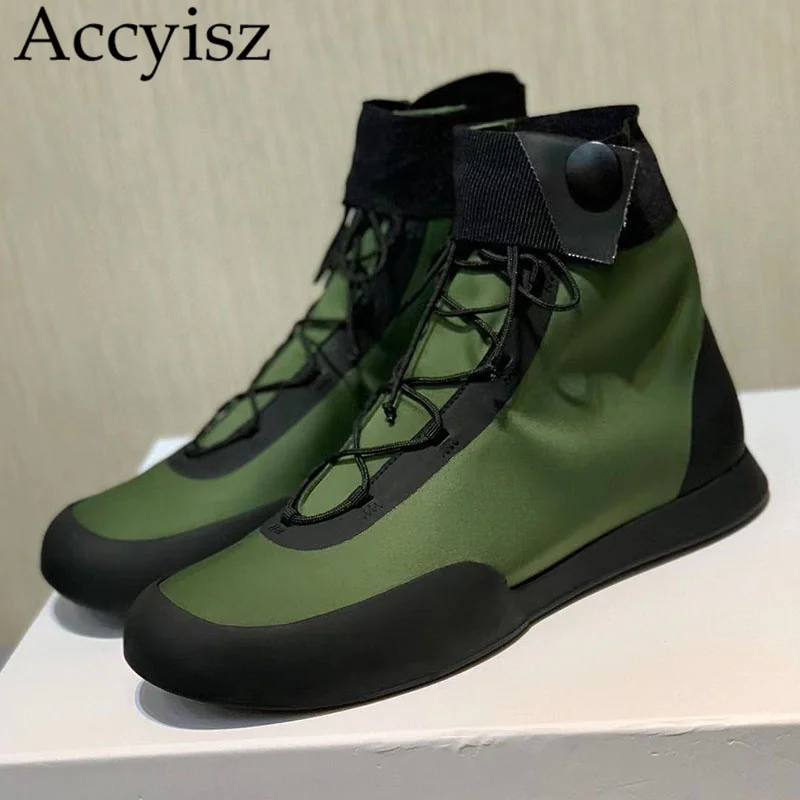 

Round Toe Lace Up Ankle Boots Women Patchwork Thick Bottom Elastic Boots Autumn Outwear Waterproof Sneakers Leisure Short Botas
