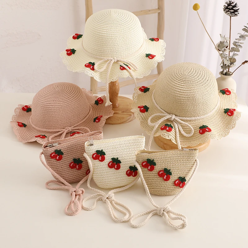 Fashion Straw Hat Handbag Set Kids Girls Summer Sun Protection Cap Travel Beach Sun Cap Portable Handbag Hat