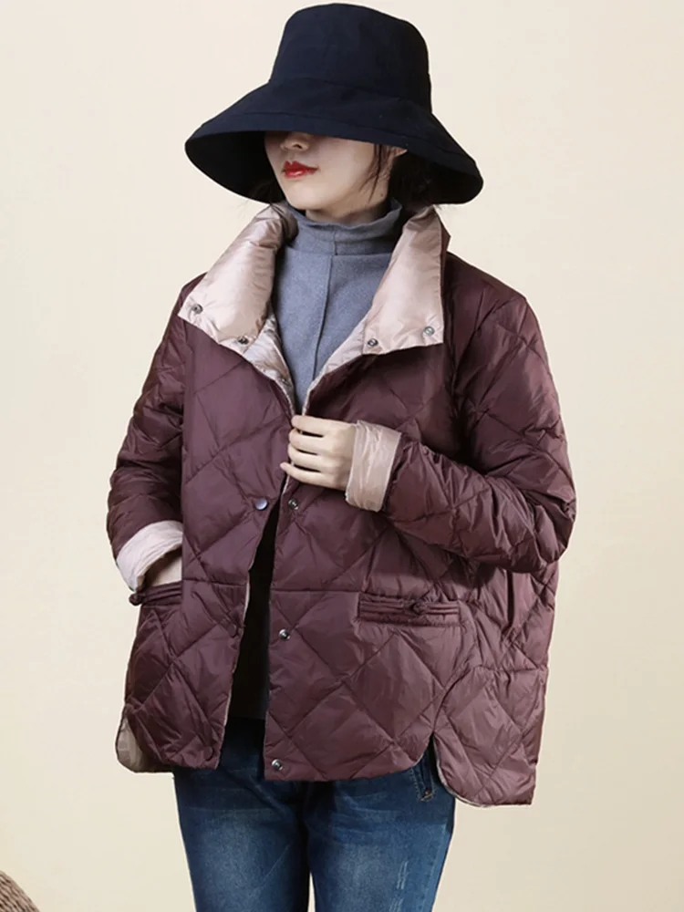 

FTLZZ Winter Women White Duck Down Coat Female Stand Collar Single Breasted Jacket Casual Loose Argyle Puffer Outwear