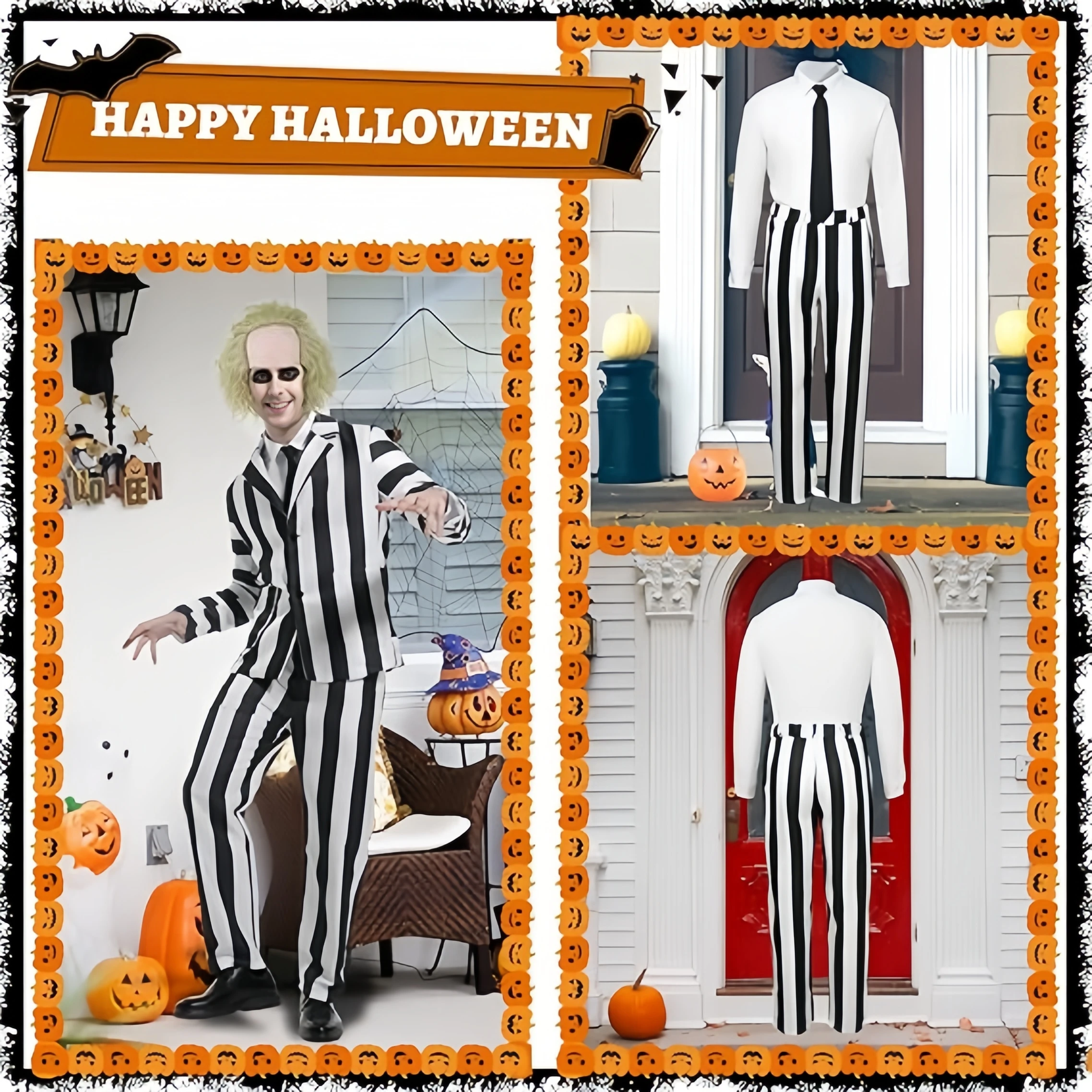 Cosplay Costume Anime Cosplay Beetle Juicee Men Black and White Striped Suit Scary Halloween Wig Tie Shirt for Cosplay Party