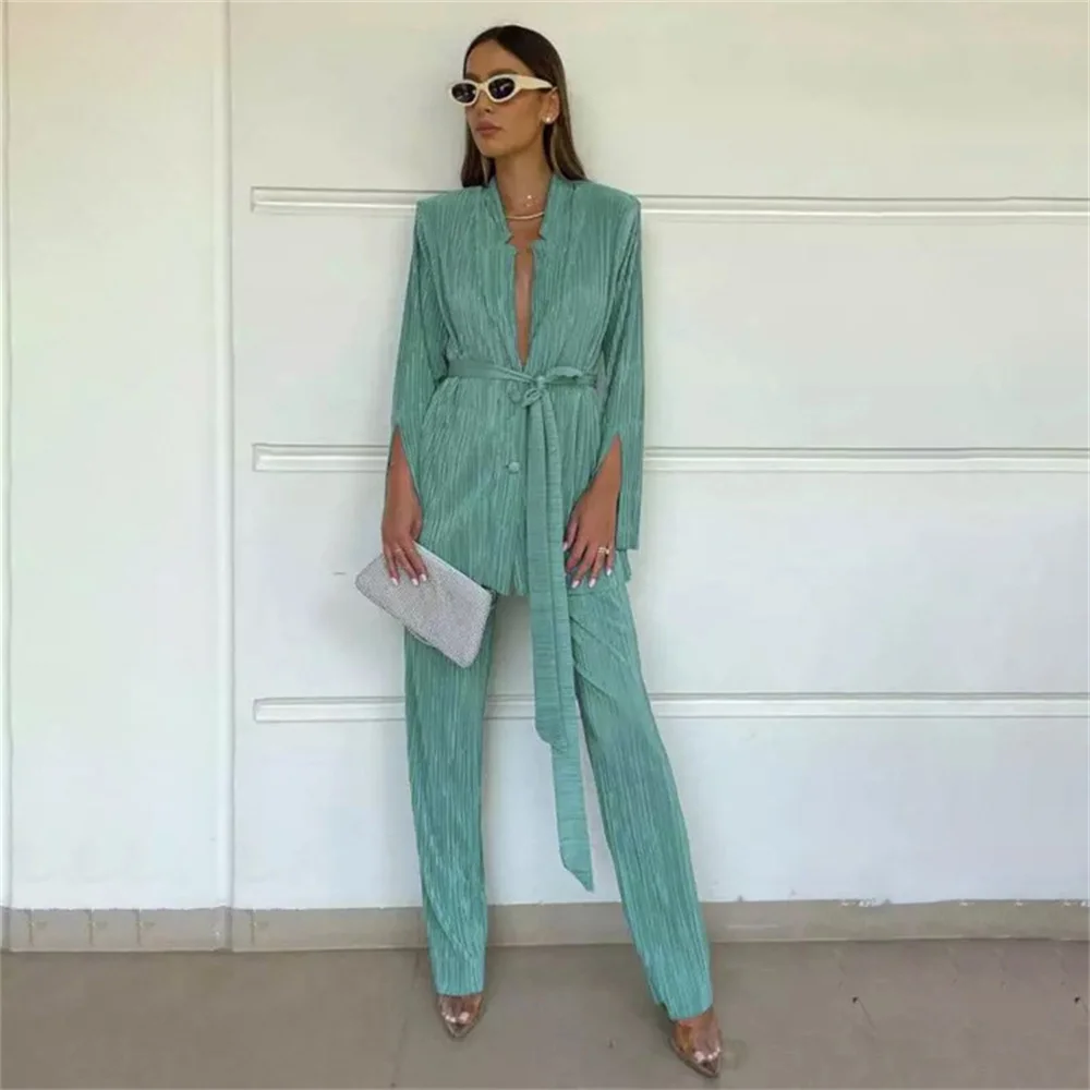 

Elegant Women's Suit 2023 New in Green Casual Pleated Lace-up Long Sleeve Female Clothes Trosuer Suits Lady Elegant Matching Set