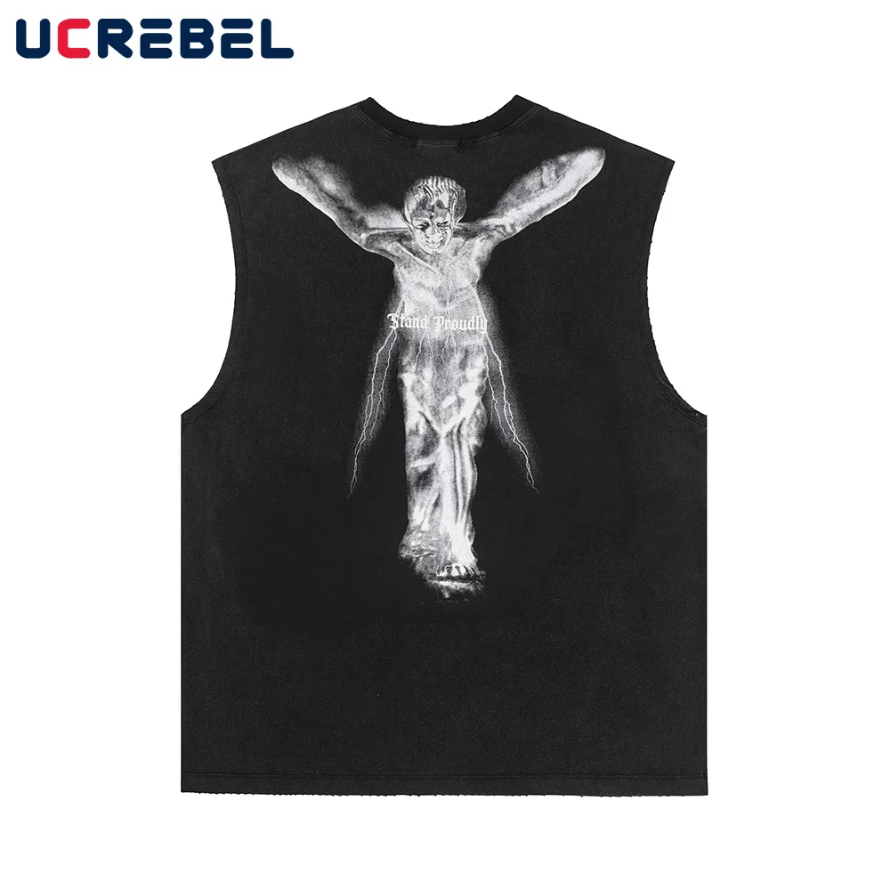 

Washed Distressed Tank Top Mens Back Printed Lightning Summer Treetwear Ripped Loose Cotton Singlets Men
