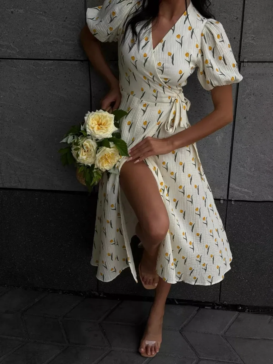 Women's Loose Fit Cotton Blend Maxi Dress with V-Neck & Short Sleeves S4762f82c86df480fb63c1fa77292b197F