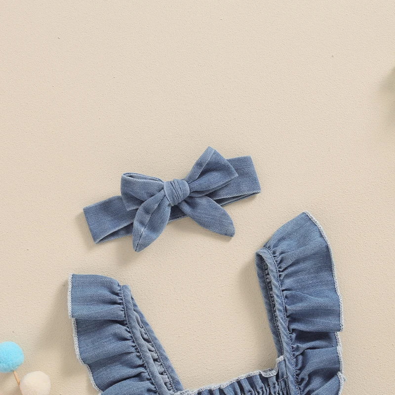 Pudcoco 여아용 데님 롬퍼 바디수트, 단색 러플 플라이 슬리브 구김,  점프수트, 여름 옷 머리띠, 0-12M