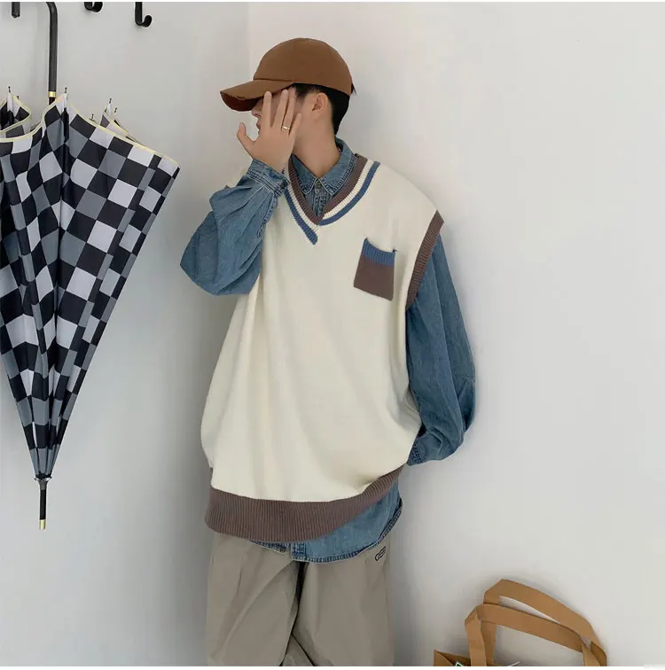 Description Picture 6 of itemSweater Vest Men Spring V-neck Japanese Vintage Contrast College Knitted Fashion Loose All-match Sleeveless Clothing V42