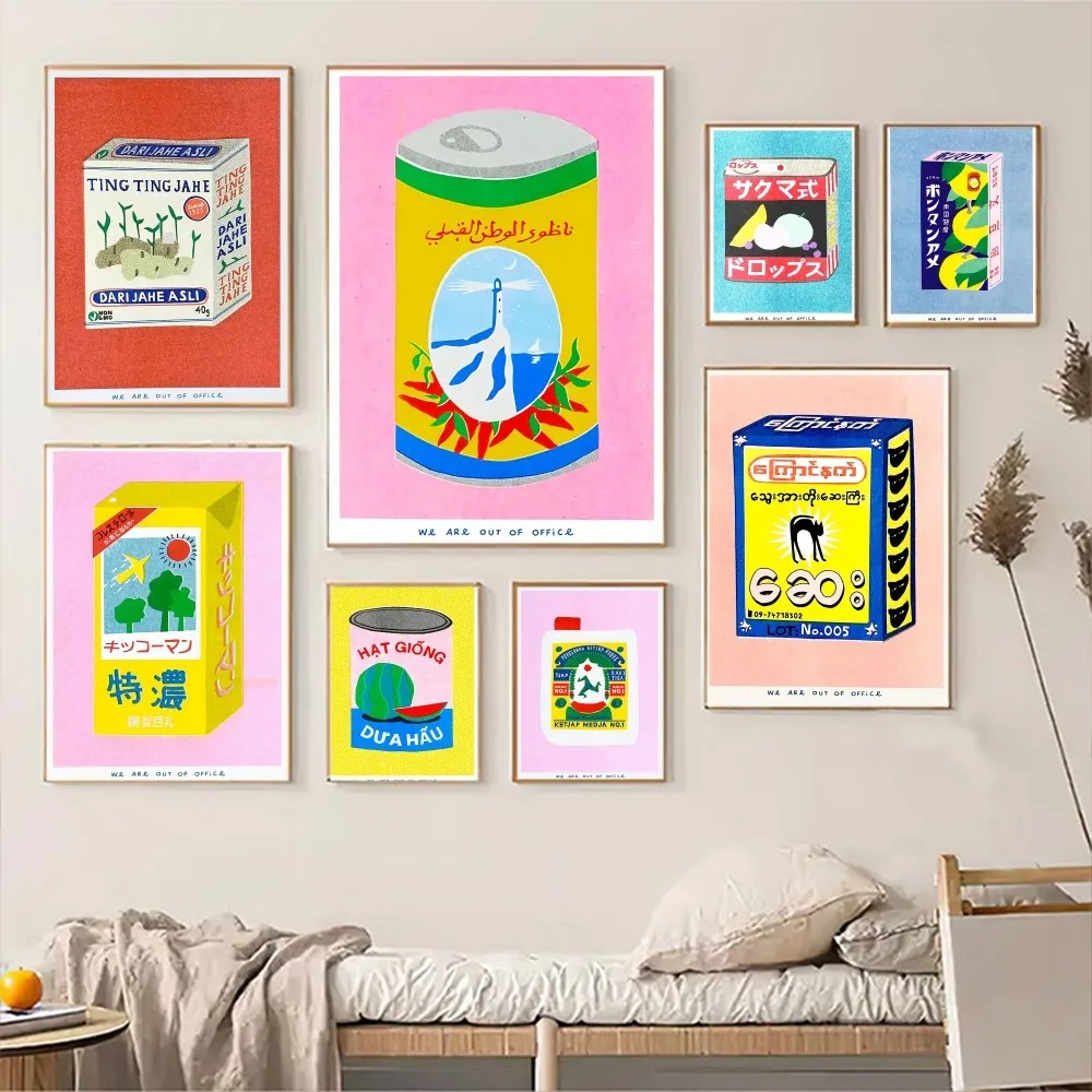 일본 핑크 레몬 주스 꽃 잉크 캔 정어리 토마토 클래식 영화 포스터, 빈티지 룸 바 카페 장식, 북유럽 홈 데코