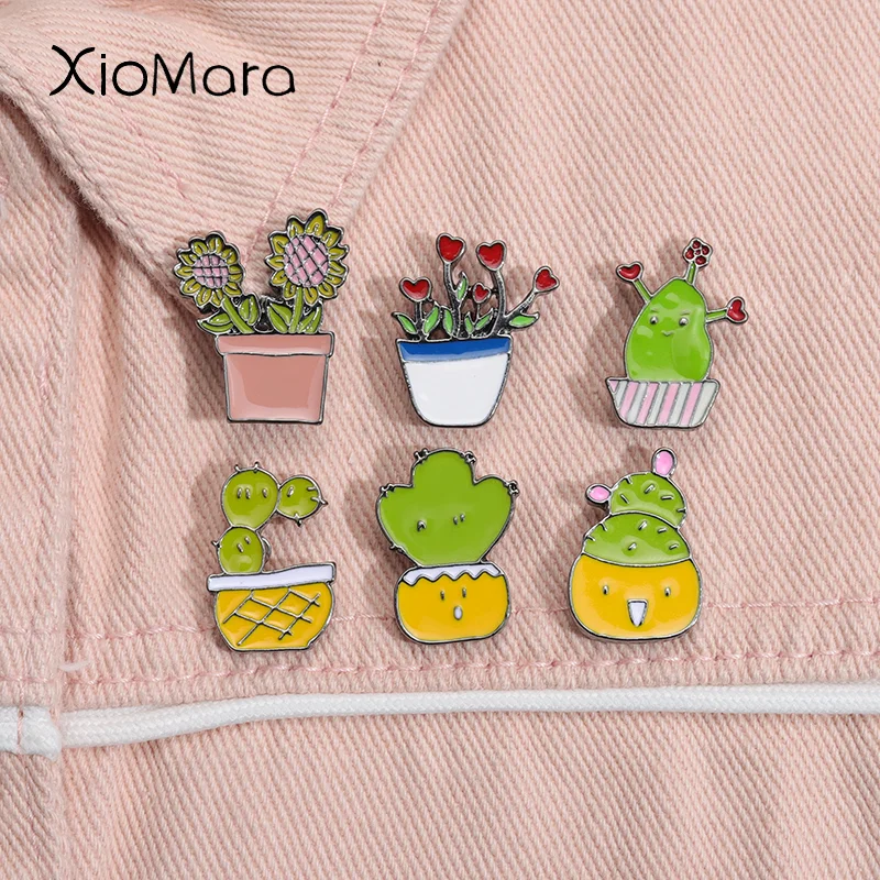 

26 Styles Cartoon Cactus Potted Enamel Pin Green Plant Aloe Brooch Lapel Clothing Bag Badge Fun Jewelry Gift For Kids Friends