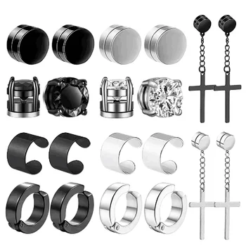1-10 pairs of men's fashionable ear hole free magnet zircon stainless steel false earring set 1