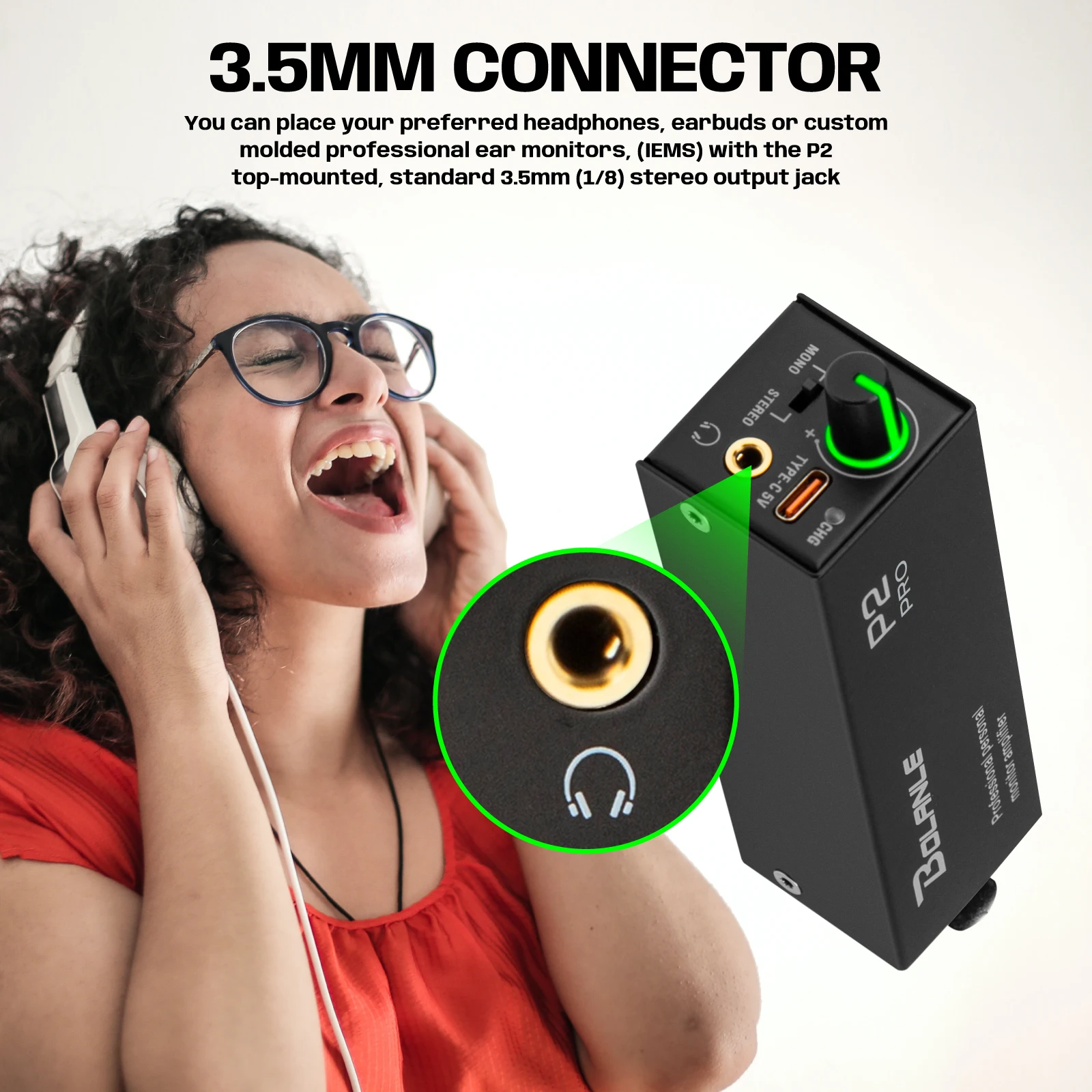 Bolanle P2 PRO IEM Rechargeable USB C Ultra-Compact Personal In-Ear Monitor Amplifier headset