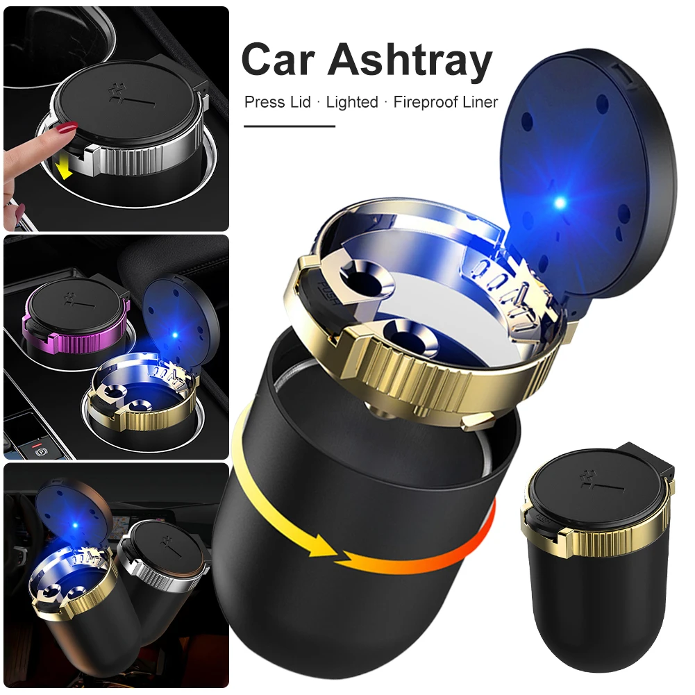 

2023 New Car Ashtray LED Cigarette Ash Holds Cup Automatic Light Indicator Ashtray Car Cup Holder Auto Interior Accessories