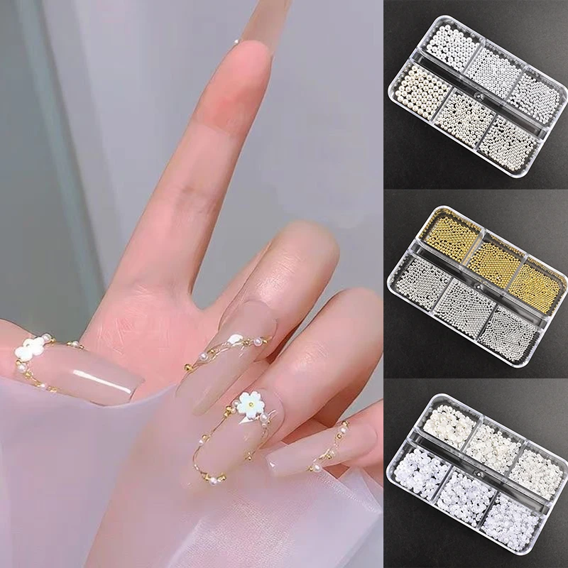 6 Grids Mini Gold Silver Small Steel Ball Nail Art Decoration White