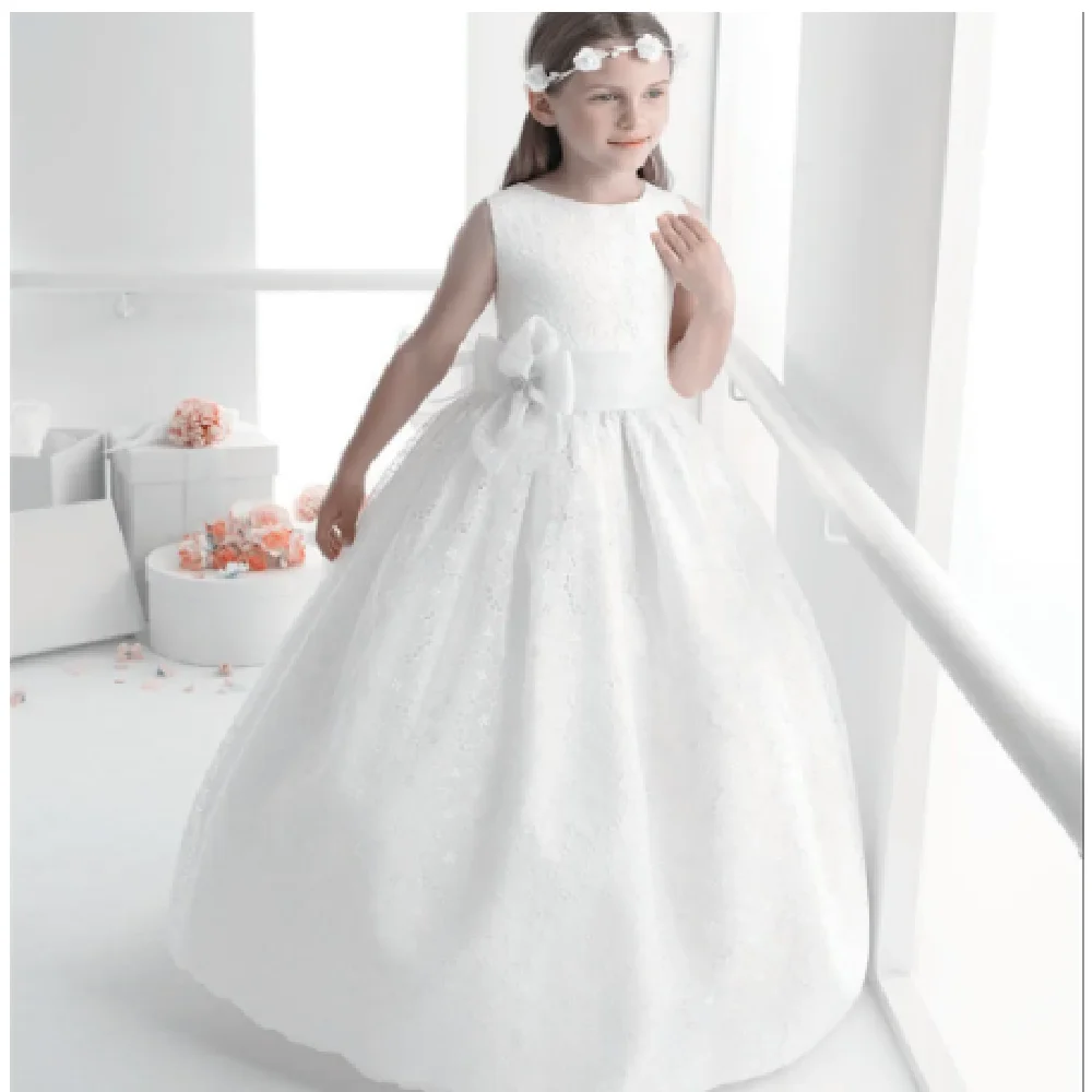 

Ivory Long Ball Gown Lace Bow Flower Girl Dresses Princess Princesse Enfant Baptism of First Communion Birthday Commencemt