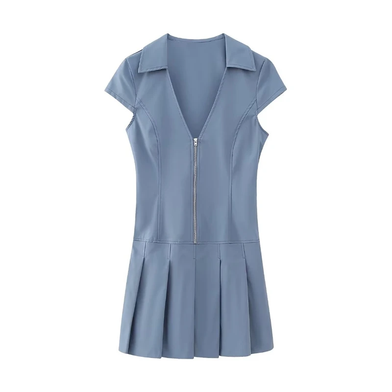 

2023 Summer New Women's Clothing Pleated Design v-Neck Short-Sleeve Short Style Dress Casual Fashion Street Miniskirt