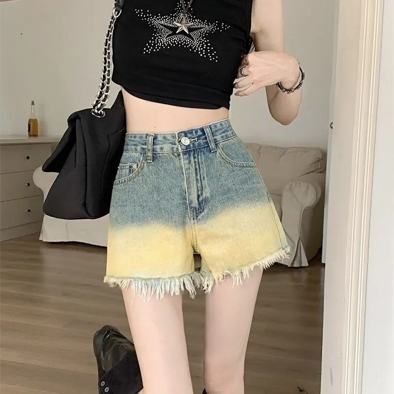 Summer Denim Tassel Gradient Shorts Women Chic Y2k Girls Ulzzang High Street College Fashion Distressed Harajuku Hotsweet Dating
