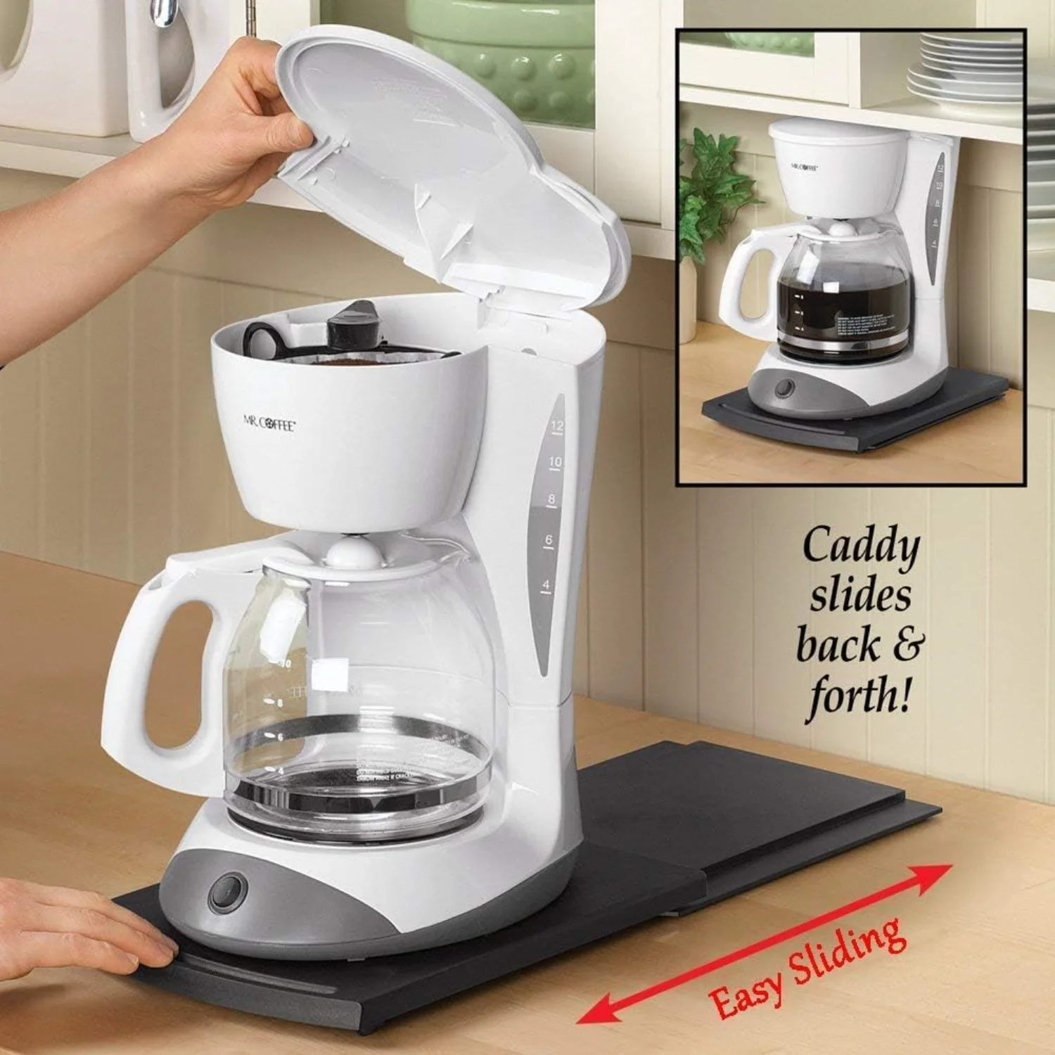Appliance Caddy Sliding Coffee Maker Tray, 12" Coffee Pot Slider Machine Mat Under Countertop Rolling Tray for Blender Toaster w