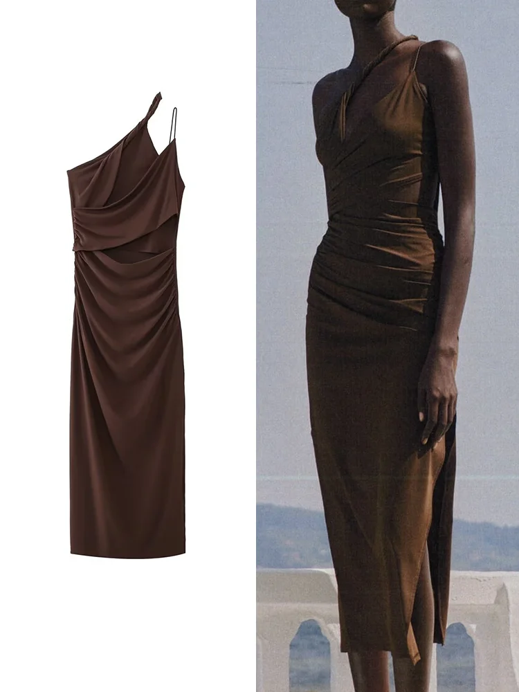 

Платье женское однотонное на одно плечо, с диагональным воротником, без рукавов