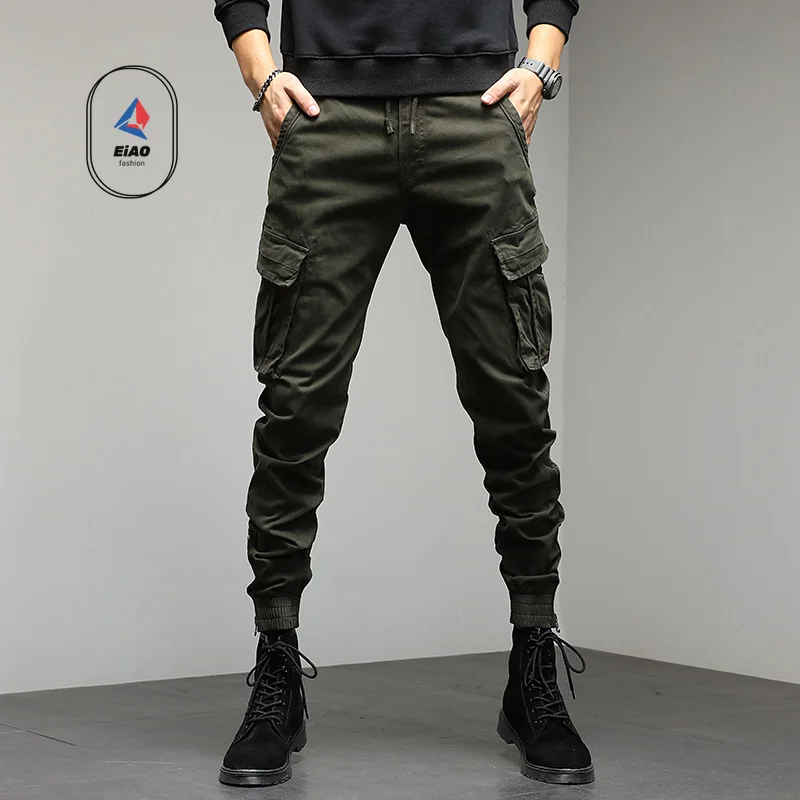 EiAO Summer men's outdoor workwear pants, pure cotton elastic multi pocket casual pants, trendy and versatile long pants