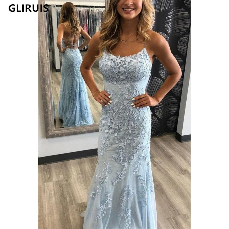 

Charming Appliques Evening Dresses Satin Formal Party Prom Gown For Women Sweep Train Spaghetti Straps Backless Floor Length