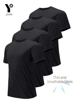 T-shirt col rond noir ultraléger pour hommes, séchage rapide, respirant, absorbant la sueur, adapté au fitness, à la salle de sport et à la course, paquet de 4