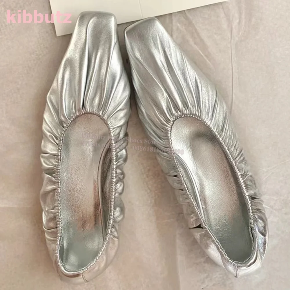 

Soft Patent Leather Ballet Pumps Solid Sliver Shallow Square Toe One Foot Stirrup Flat With Pleated Fashion Elegant Women Shoes