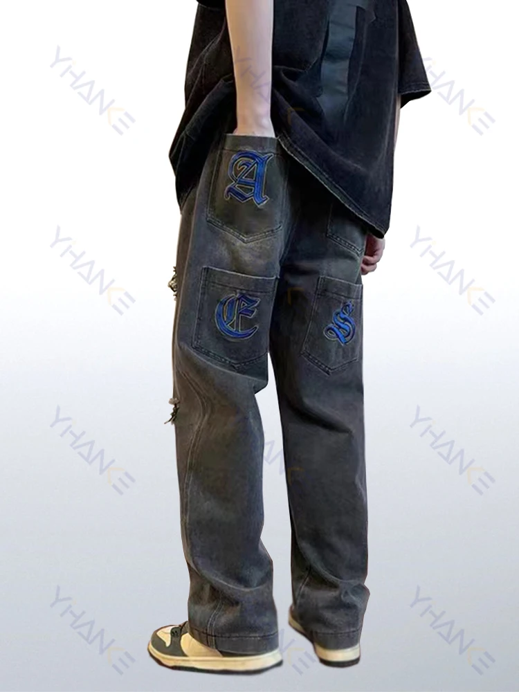 European and American Vibe Street Retro Embroidery Men Jeans Tide Ins High Street Loose Baggy Pants Hip Hop Jeans  Y2K Jeans Men