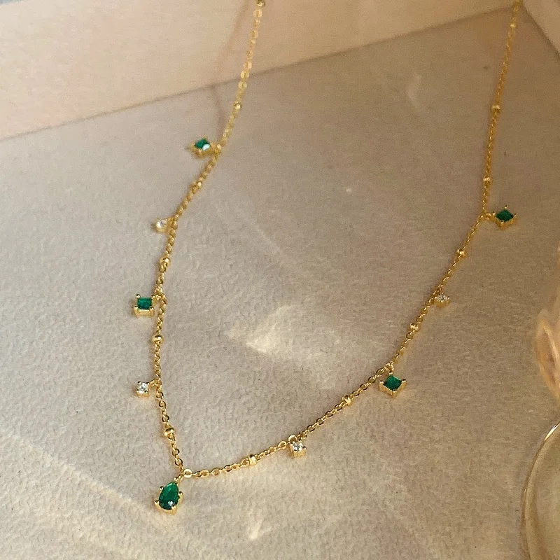 Fashion Vintage CZ Emerald Station Beads Chain Necklace for Women Exquisite Choker Clavicle Chain With Green Zircon Jewelry Gift