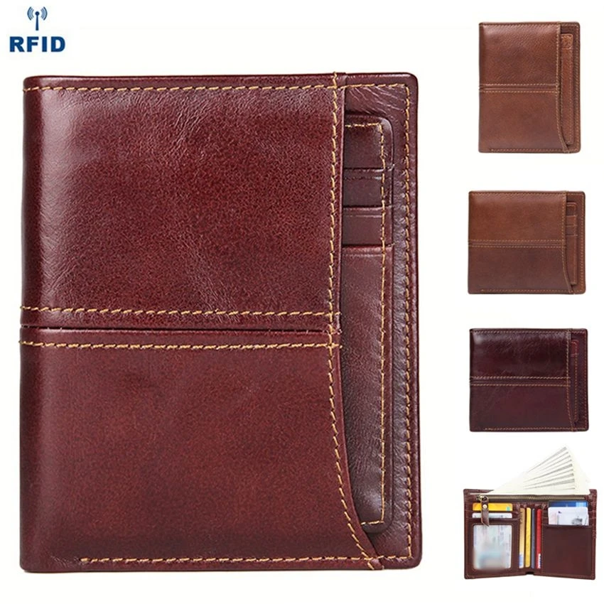

Retro RFID Wallet Men's Short Wallet Cow Leather Clutch Wallet Billfold Credit Card Wallet Coins Purse Card Holder