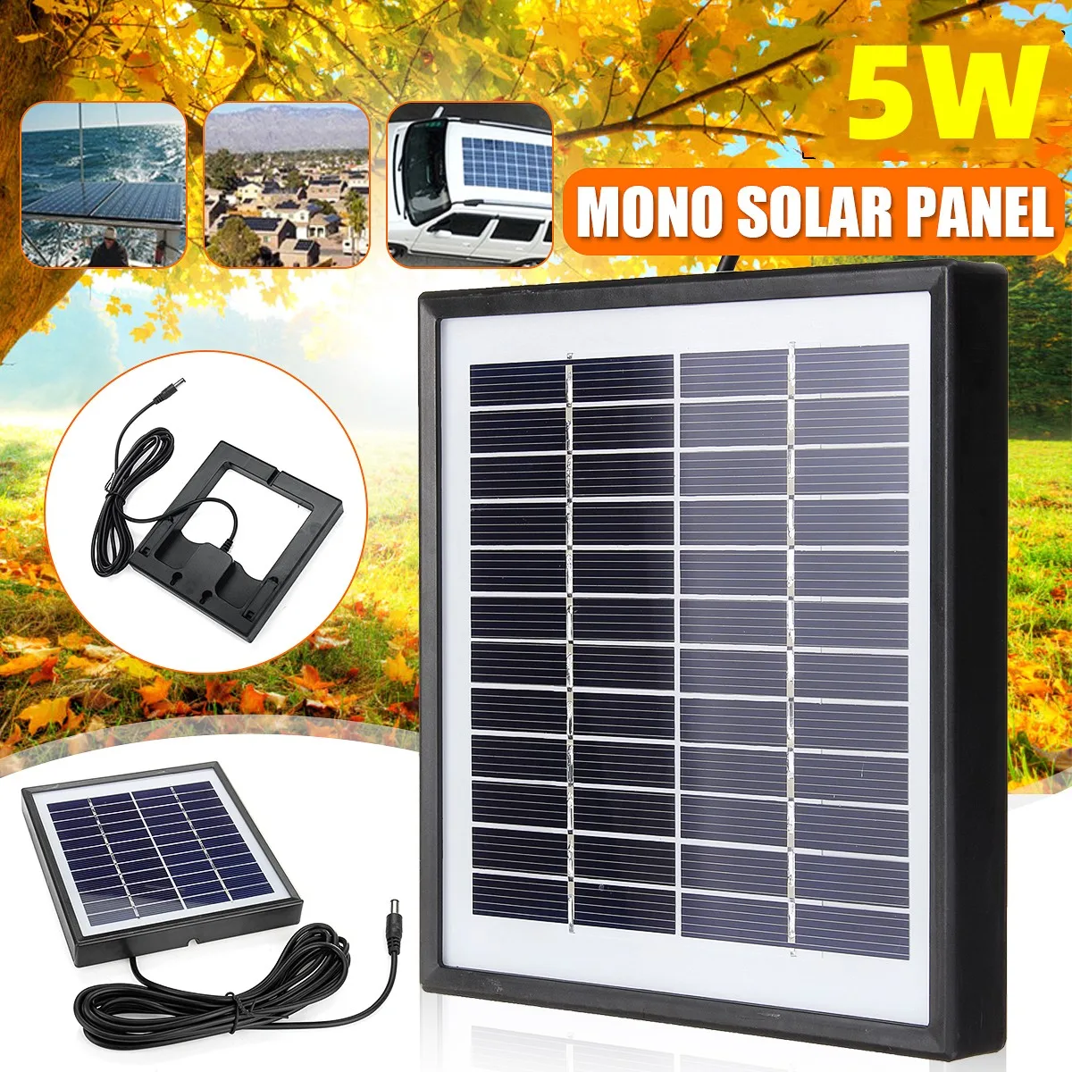 5W 12V Solar Panel + 118inch DC Cable for Camera Lights Camping Hiking