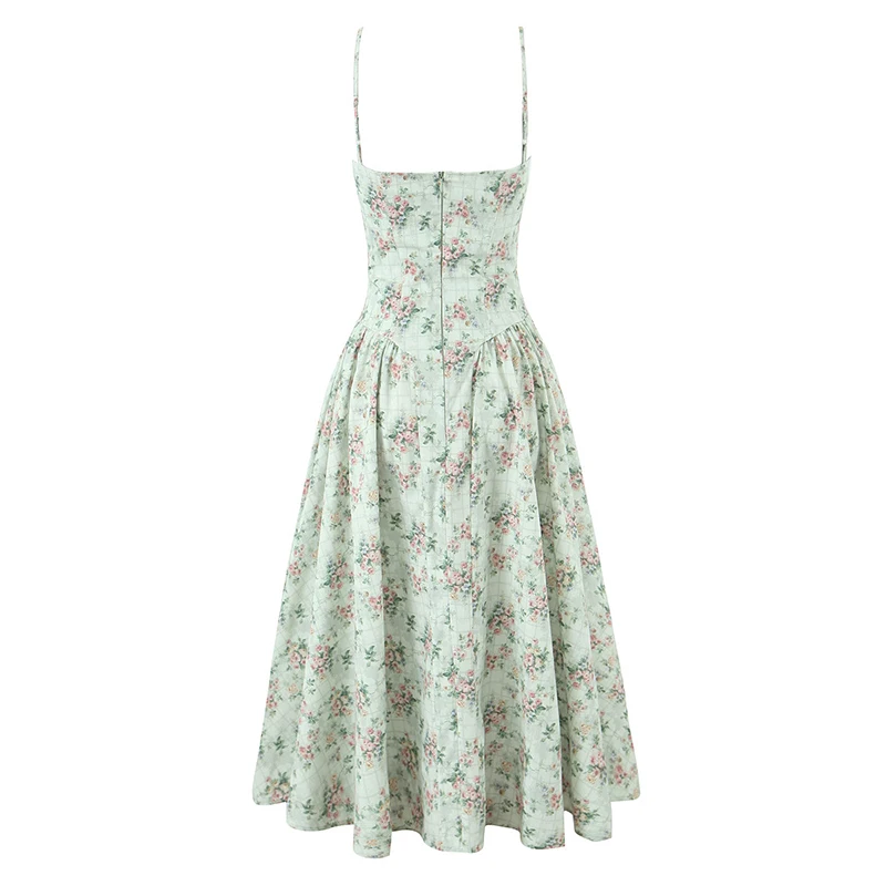 YENKYE Green Floral Print Sexy Spaghetti Straps Dress Women Low Waist A-line Midi Holiday Summer Dresses Party Robe 2025 Vestido 3
