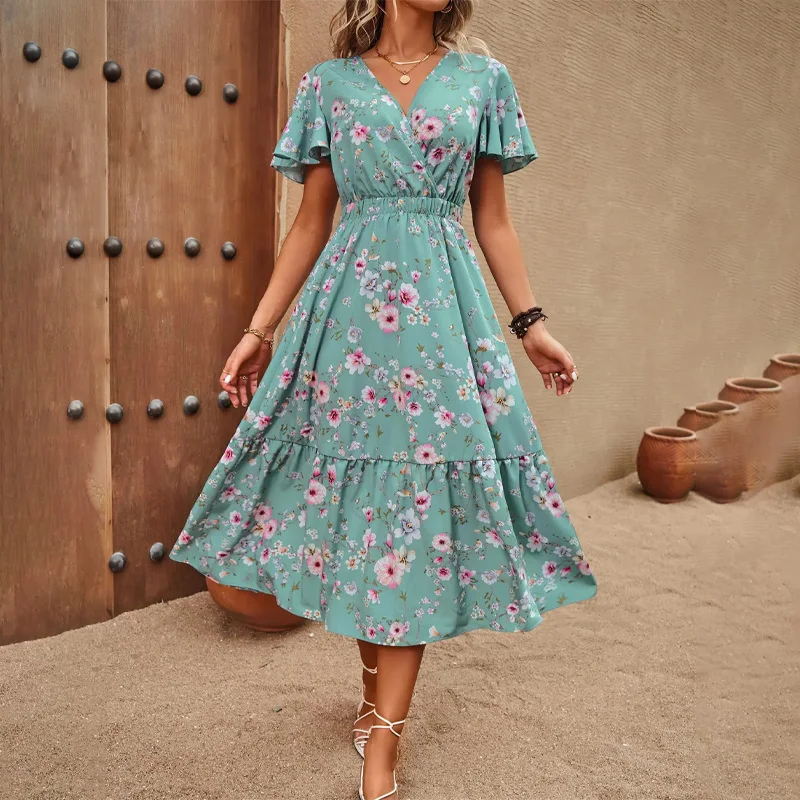 

YEAE Printed V-neck Women's Dresses Elegant Wind Short Sleeve Waisted Floral Long Dresses Lotus Leaf Sleeve A-line Beach Dresses