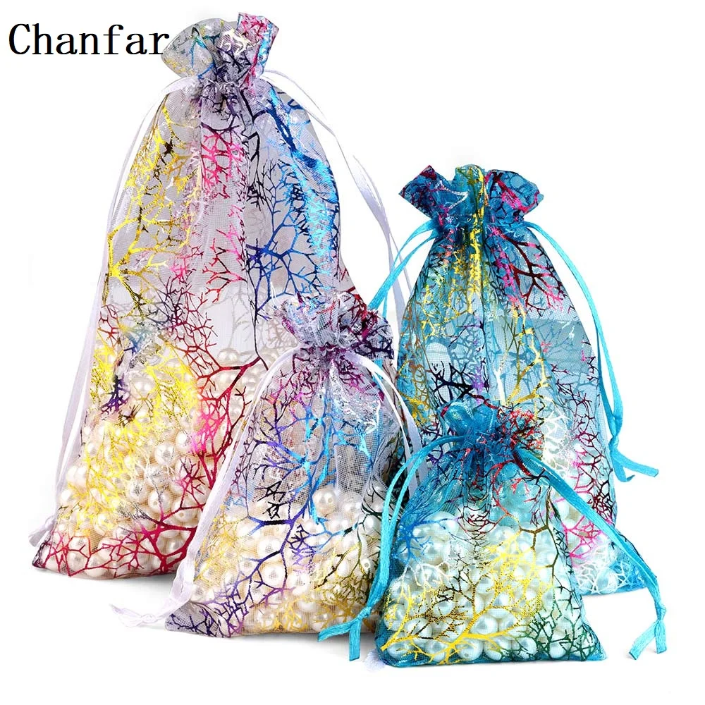 Chanfar 50 teile/los Farbige Bäume Muster Organza Geschenk Taschen Hochzeit Organza Weihnachten Geschenk Taschen Drawable Verpackung Schmuck Taschen