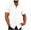 Summer Men's Short Sleeve Shirt Fashion Solid Color Linen Cotton Breathable Leisure Lapel Button T-shirt Business Casual Shirt 4