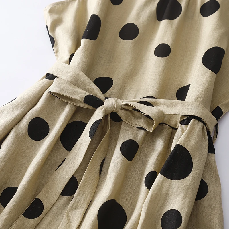 2025 Summer Dress Korean Fashion New Arts Style Women Sleeveless Polka Dot Print All-Matched Casual Cotton Linen Tank Dresses