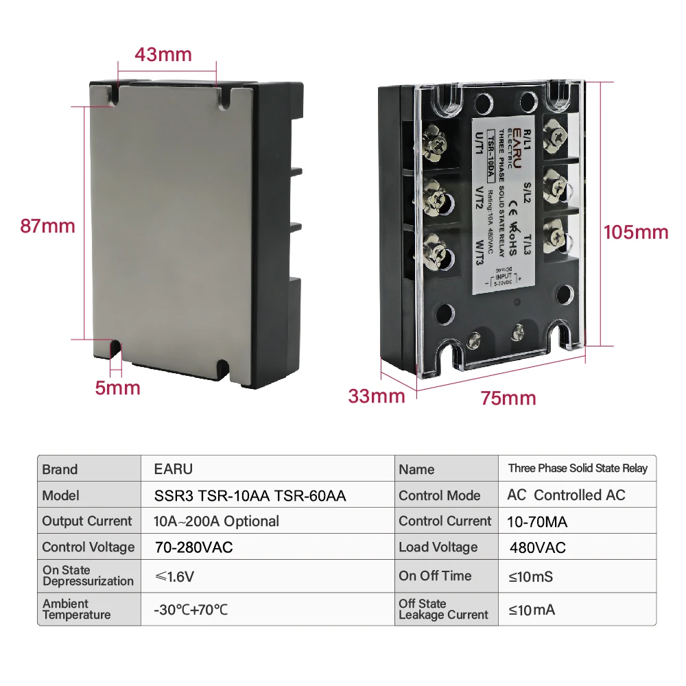TSR SSR-10AA 25A 40A 60A 80A 3 상 SSR 솔리드 스테이트 릴레이, AC 제어, AC 480V 70-280V 입력 알루미늄 라디에이터 방열판