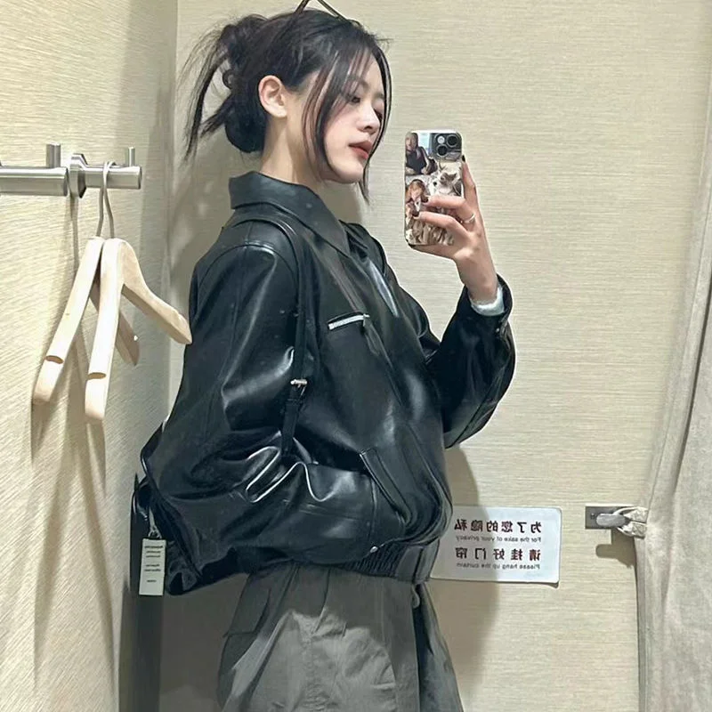 

Streetwear Women's Bomber Jacket PU Leather Coat Y2k American Retro Motorcycle Leather Jacket 2023 Spring New Silhouette Simple