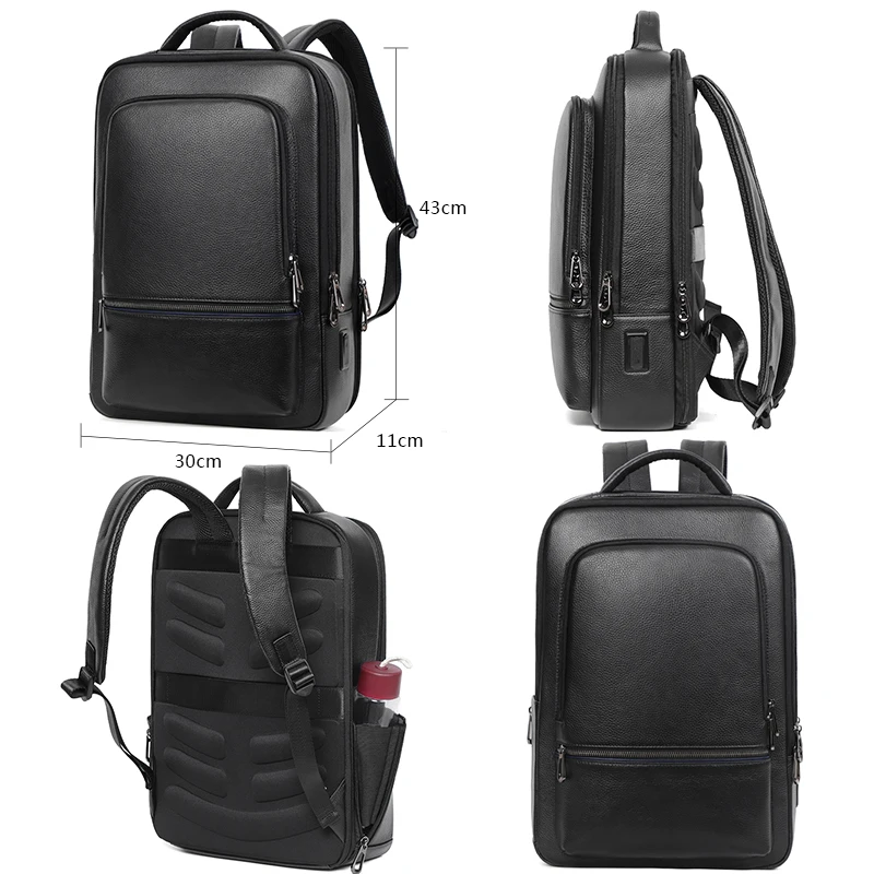 Mens Backpack 15.6 inch Laptop Backpack Natural Cow Leather USB Travel Bag Shoolbag For Boys