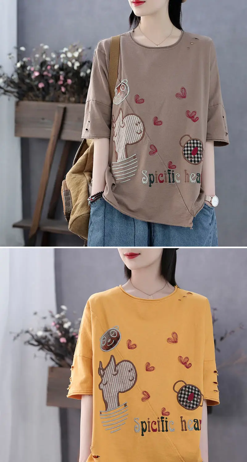 100% Cotton Retro Literary Short-sleeved T-shirt Female Summer New Style Printing Half Sleeve Loose Casual Top tee shirts