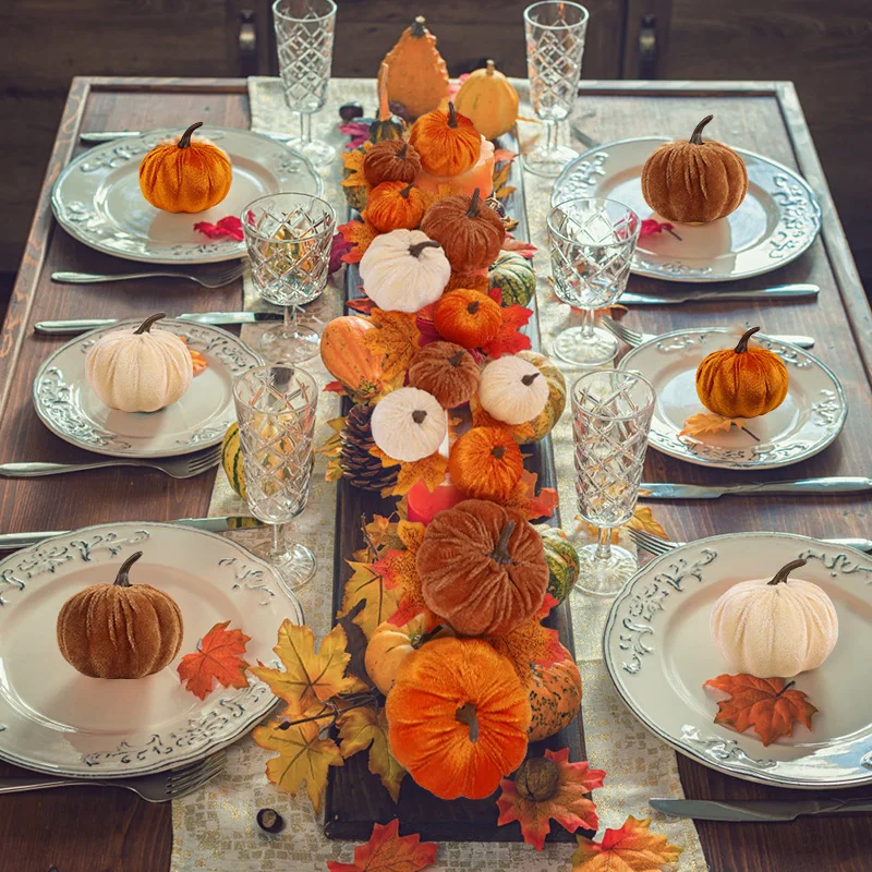 Thanksgiving Flannel Pumpkin Model Artificial Pumpkins for Halloween Party Table Decoration Autumn Fall Home DIY Craft Wreath