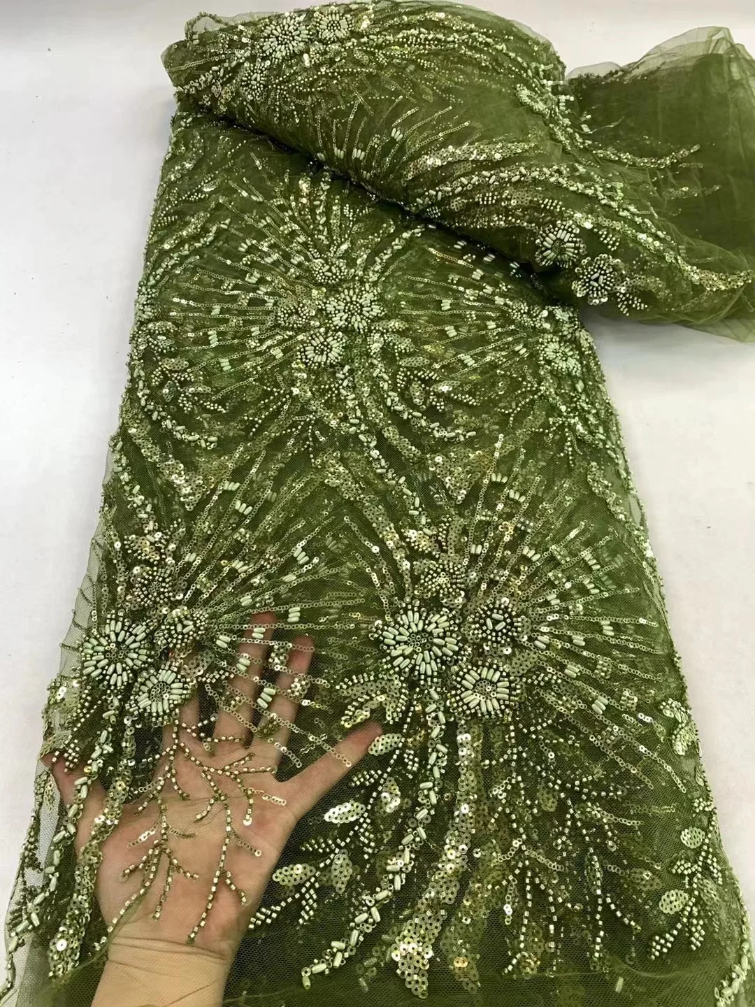 Green Beaded Lace Fabric Luxury Nigerian Lace Fabric Burnt Orange Beaded For Wedding lace fabric