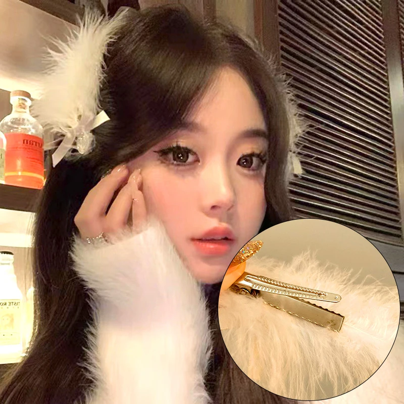 

White Feather Bow Hairpin Brooch Women Sweet Rhinestone Hair Clip Fashion Aesthetic Party Hair Accessories Valentine's Day Gift