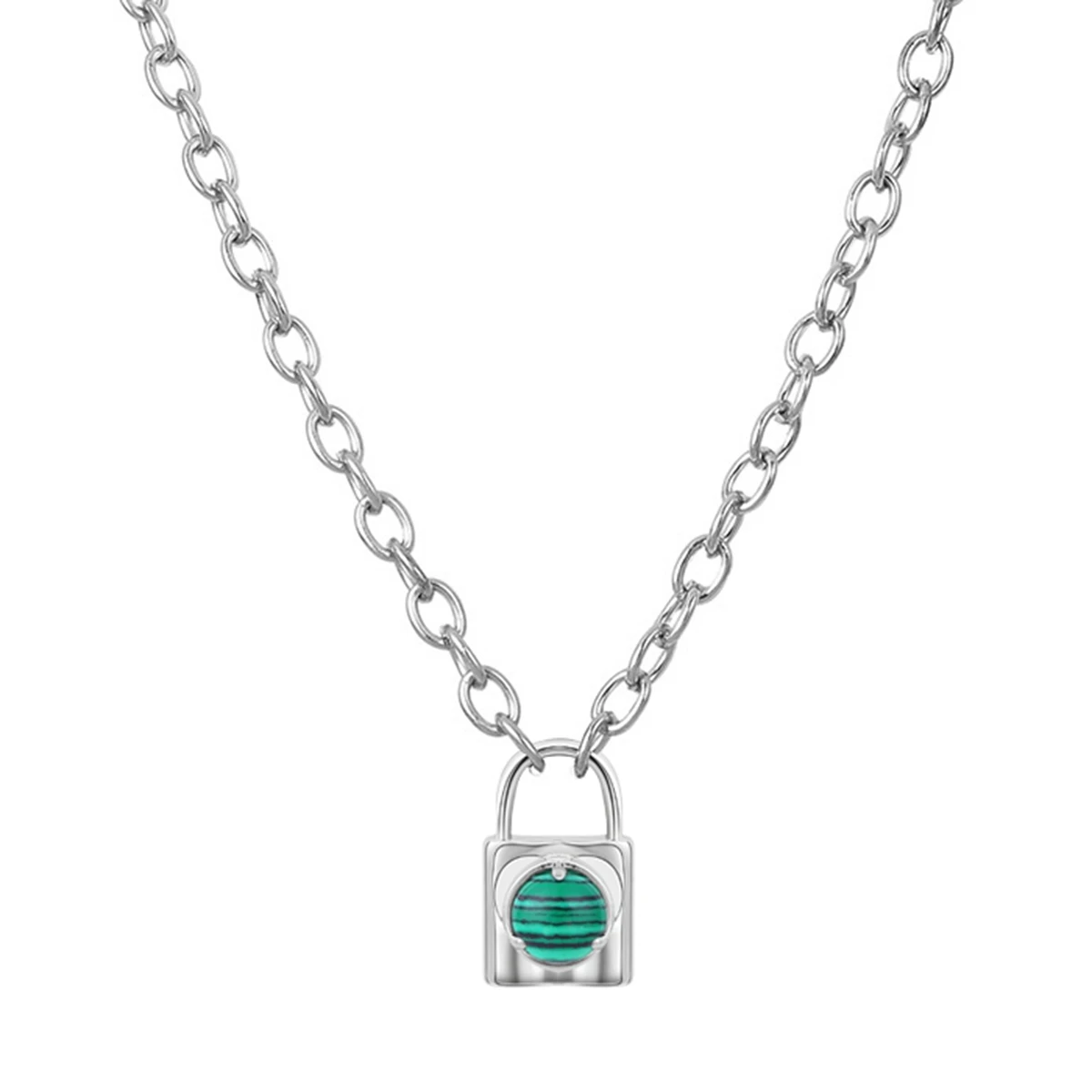 Dainty Malachite Lock Pendant Necklaces Hypoallergenic Stainless Steel