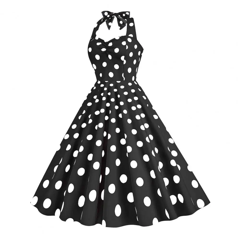 

Women Evening Dress Retro A-line Swing Dress Vintage 50s Style Dot Print Contrast Color Elastic Bust Halter Neck High for Summer