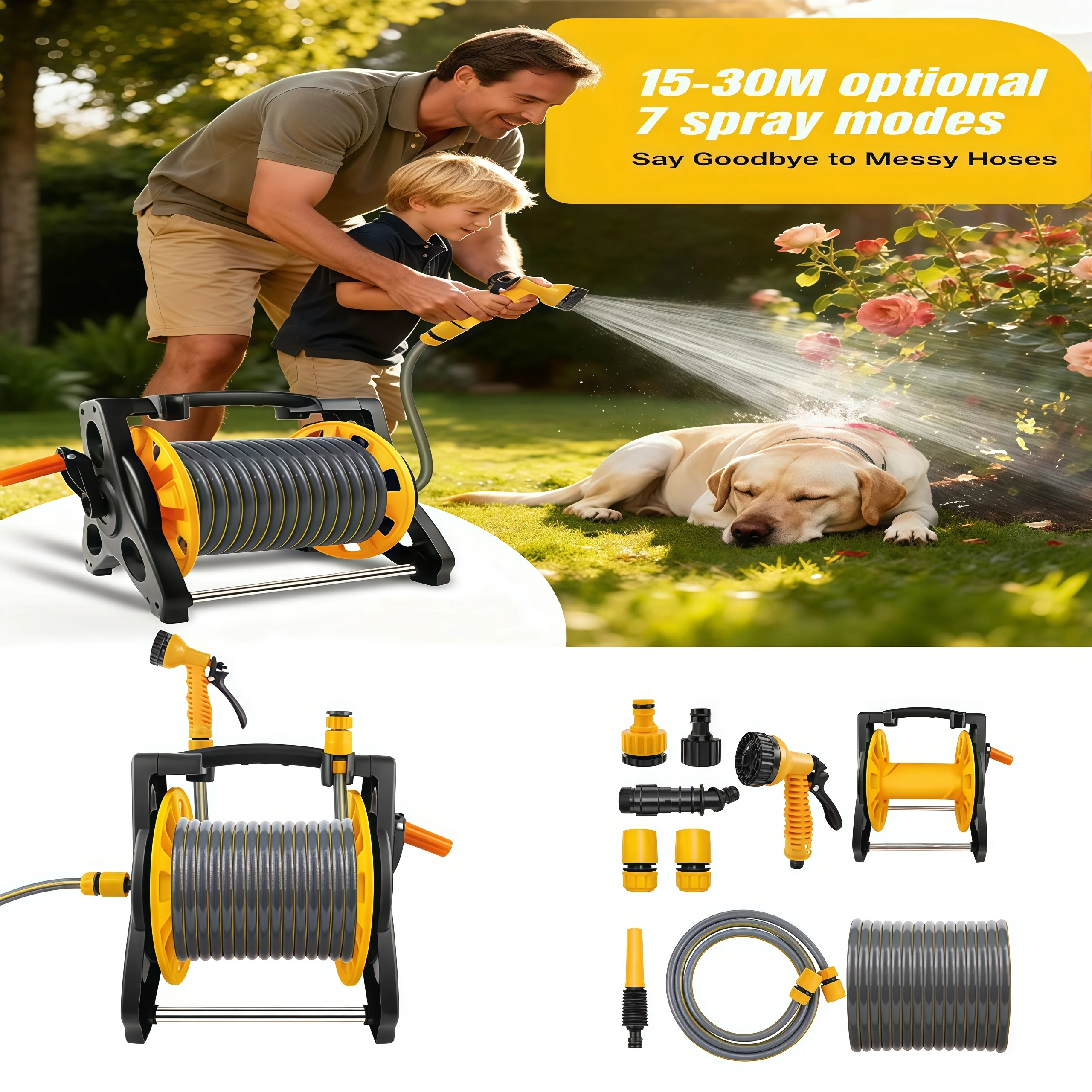 BRIEFNESS 7 Way Nozzle Hose Reel Portable Garden Hose 15/25/30m Wall Free Standing Non Slip Handle Anti Twist for Yard Cleaning