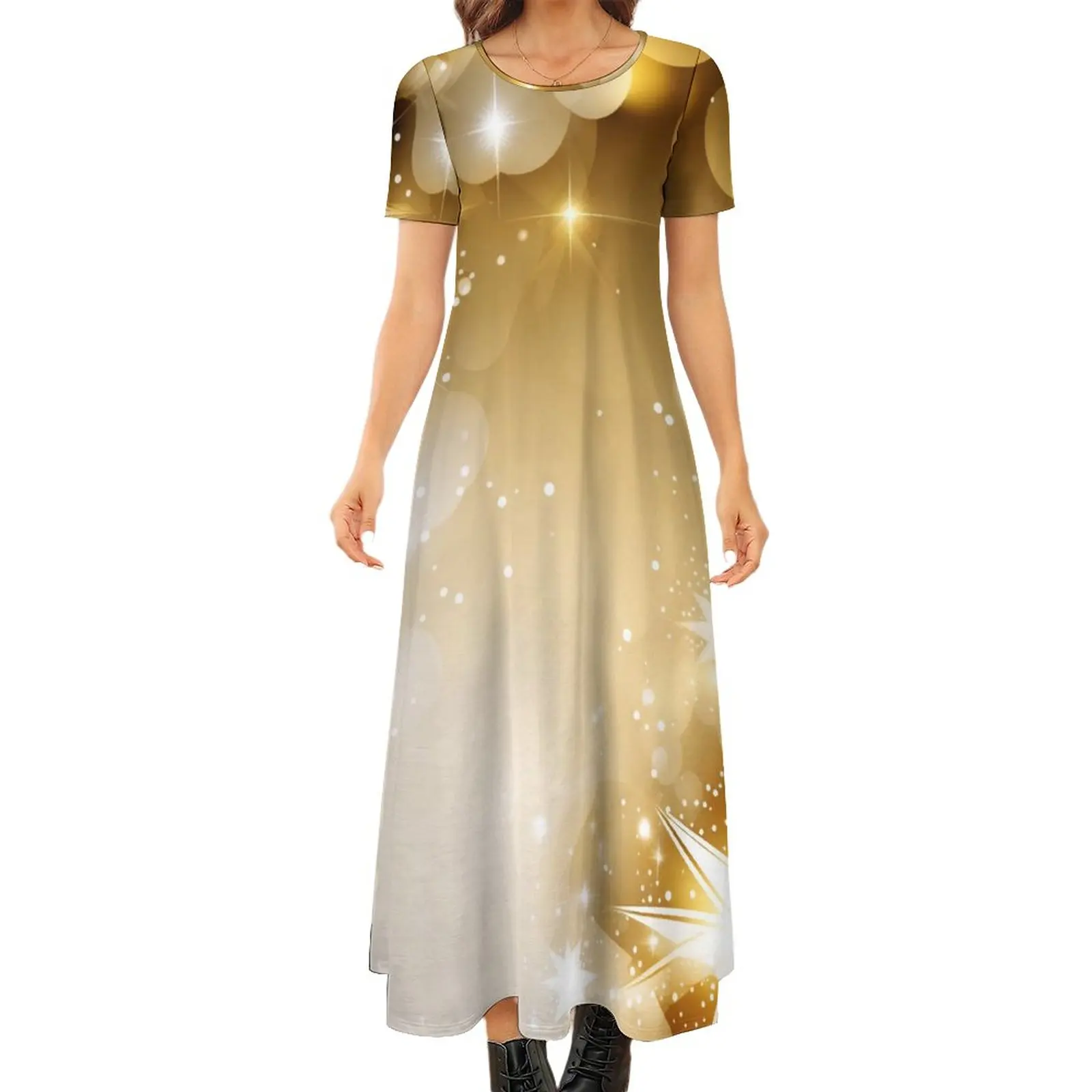 

Summer Short Sleeve Christmas Sparkling Printing Vintage Dresses For Women Fashion Female Clothing Loose Beach Elegant Maxi Dres