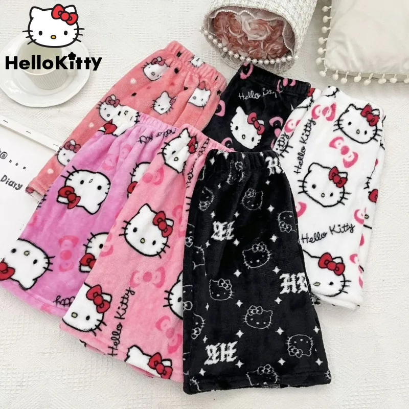 

Sanrio Hello Kitty Cute Plush Shorts Women Four Seasons Soft Coral Fleece Short Pants Y2k New Cartoon Wide Leg Shorts Kawaii
