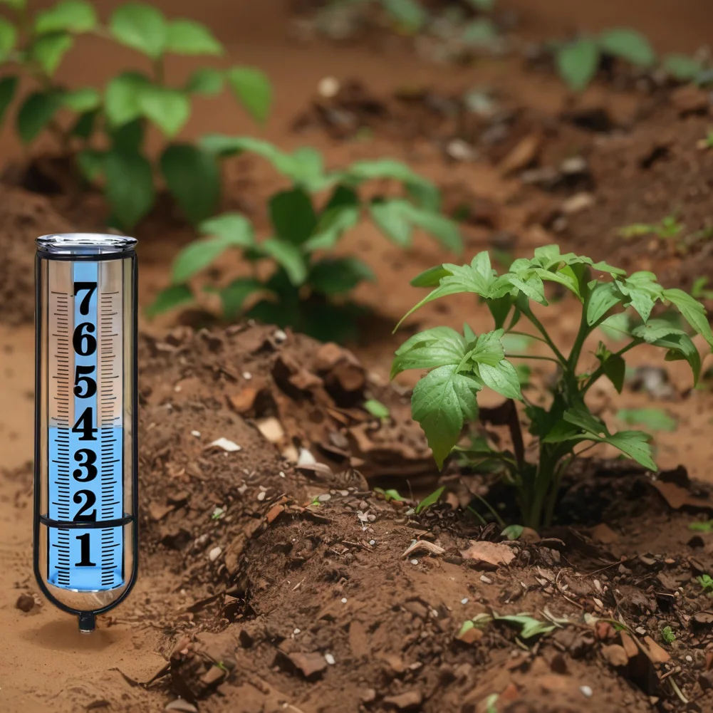 Outdoor Rain Water Meter Adjustable Height Rain Measuring Tool with Thickened Plastic Tube & Metal Stake for Yard Lawn Garden